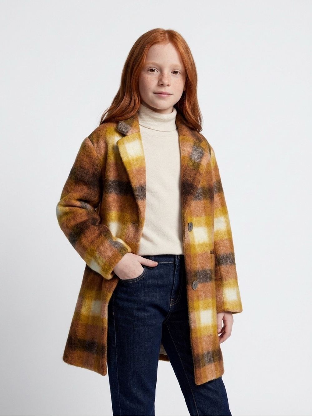 Zara Kids Girls Plaid Wool Blend Coat Brown Mustard NWT Size 13-14 / 164